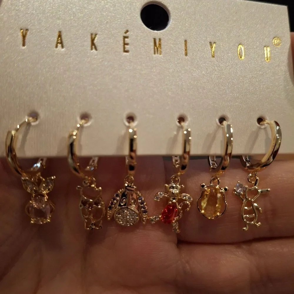 Winnie The Pooh 14K Gold Plated Gemstone Stud Dangle Earring Set